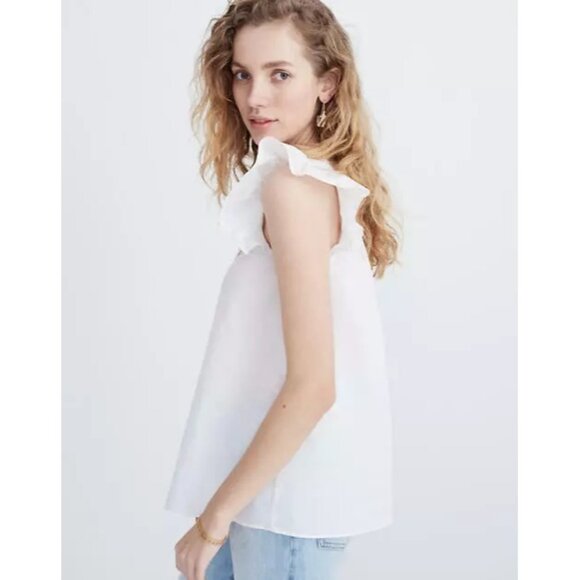 Madewell Ruffle Sleeve Bib Top White Solid Women’s Cotton Flutter - Picture 1 of 12